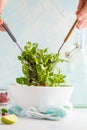 Stirring a bright diet green salad. Healthy Dietary Vegetarian F