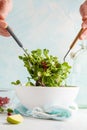 Stirring a bright diet green salad. Healthy Dietary Vegetarian F