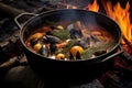 stirring cioppino with a wooden spoon on campfire