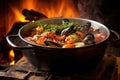 stirring cioppino with a wooden spoon on campfire