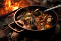 stirring cioppino with a wooden spoon over fire