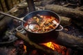stirring cioppino with a wooden spoon over fire