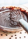 Stirring melted chocolate chips in bowl up-close on wood table