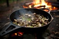 stirring mushrooms in an appetizing skillet meal over a campfire