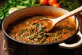 stirring vegetable lentil soup with a wooden spoon