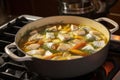 stirring white fish chunks into a pot of bouillabaisse