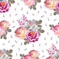 Stitch-embroidered bouquets of roses, zinnias and bells on a white background with tiny buds. Seamless floral ornament in vector.