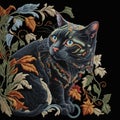 Stitch textured tapestry colorful ornamental cat . blue eyes. Floral embroidery vintage pattern background illustration with