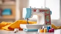 Stitched Creations, Exploring the Harmony of Sewing Machine, Fabric, and Threads on the Table. Generative AI