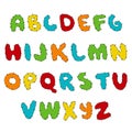 Stitched Hand written display colored font, Kid style. ABC. patched, sewed, Decorative funny Vector alphabet and numbers