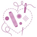 Stitched heart, needle, thread, buttons. Sewing Royalty Free Stock Photo