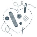 Stitched heart, needle, thread, buttons. Sewing Royalty Free Stock Photo