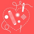 Stitched heart, needle, thread, buttons. Sewing Royalty Free Stock Photo