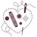 Stitched heart, needle, thread, buttons. Sewing Royalty Free Stock Photo