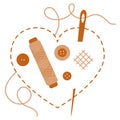 Stitched heart, needle, thread, buttons. Sewing Royalty Free Stock Photo