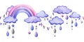 A stitched rainbow with clouds and raindrops hanging from ropes in blue, purple and pink. Childish cute hand drawn