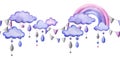 A stitched rainbow with clouds and raindrops hanging from ropes in blue, purple and pink. Childish cute hand drawn