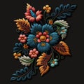 Stitching lines colorful embroidery floral pattern background illustration. Embroidered bright stitch flowers, leaves. Tapestry