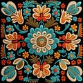 Stitching lines colorful embroidery floral seamless pattern background. Embroidered bright stitch flowers, leaves. Tapestry