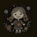 Stitching lines embroidery smiling little girl with flowers. Doodle tapestry cartoon dolly. Stitch textured funny embroidered cute