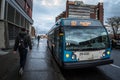 STM logo on one of their urban buses in Jean Talon stop. Also known as Societe de transport de Montreal