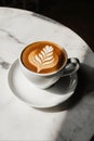 A white ceramic cup of cappuccino with a leaf pattern in the milk froth sits on a matching saucer Royalty Free Stock Photo