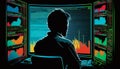 Stock Broker sitting in front of big screens looking at stock prices. AI Generated illustration Royalty Free Stock Photo