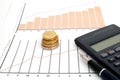 Stock chart, coin, pen and cal