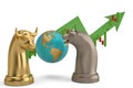 Stock concept bear and bull chess piece and stock chart on white