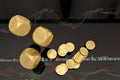 Stock concept dices and coins on stock chart.3D illustration.