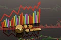 Stock concept dices and coins on stock chart.3D illustration.