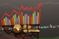 Stock concept dices and coins on stock chart.3D illustration.