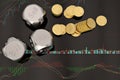 Stock concept dices and coins on stock chart.3D illustration.