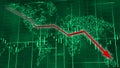 Stock diagrams with red falling arrow. World map behind digits, line and tables.
