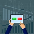 Stock exchange market ,trader analyzing index candlestick graph deciding to buy or sell