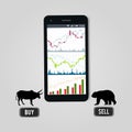 Stock exchange online forex trading concept - mobile phone with dashboard of stock charts on screen , silhouettes of