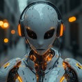 Stock generative image illustration of a futuristic AI robot bot android cyborg working as a construction worker. Future