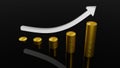 Stock Graph with arrow going up. Earnings Rising. Money in Coins. Black Background. Presentation Slide. Increase in Value. Market Royalty Free Stock Photo