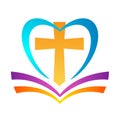 Cross with bible and heart logo icon. Royalty Free Stock Photo