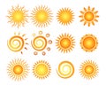 Sun vector yellow illustration flat icons set. Royalty Free Stock Photo