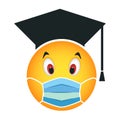 Emoji smile graduation face with blue surgical mask.