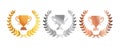 First, second and third place cup with laurel wealth. Royalty Free Stock Photo