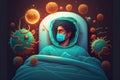 Comic-style character in bed surrounded by viruses: A humorous take on the pandemic, generative ai