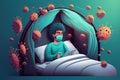 Comic-style character in bed surrounded by viruses: A humorous take on the pandemic, generative ai