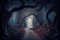 Shiny Pathway in Fairy Tale Styled Scary Forest of Nightmares, Generative AI