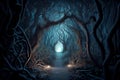 Shiny Pathway in Fairy Tale Styled Scary Forest of Nightmares, Generative AI