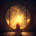 Golden Serenity: Yoga and Meditation in Backlit Gold Hues, generative ai