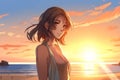 Solitude at Sunset: An Attractive Anime Woman at the Beach, Generative AI