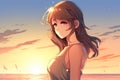 Solitude at Sunset: An Attractive Anime Woman at the Beach, Generative AI