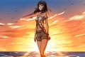 Solitude at Sunset: An Attractive Anime Woman at the Beach, Generative AI